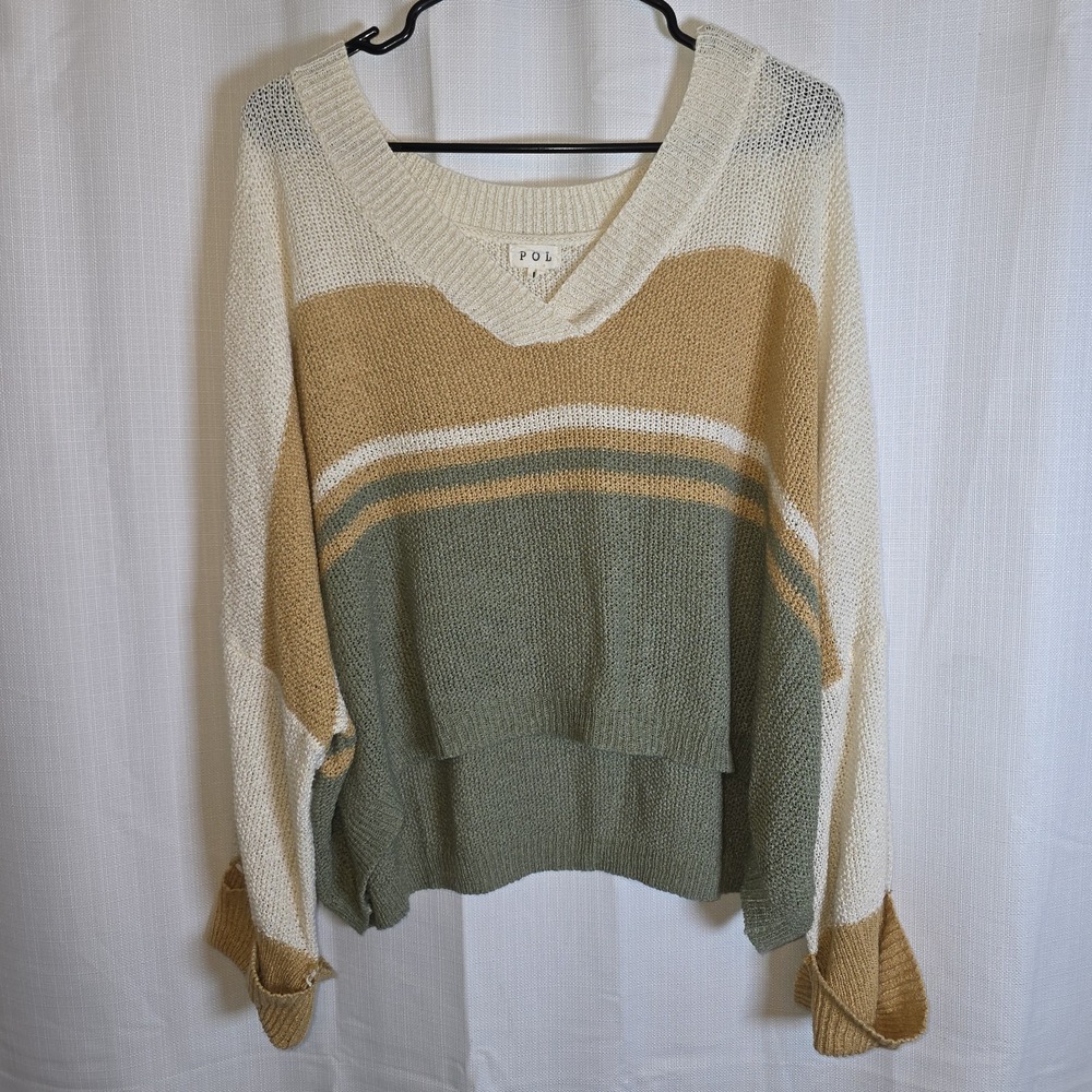 POL Women's Large Colorblock Pullover Hobo Beach Inspired Knit Top